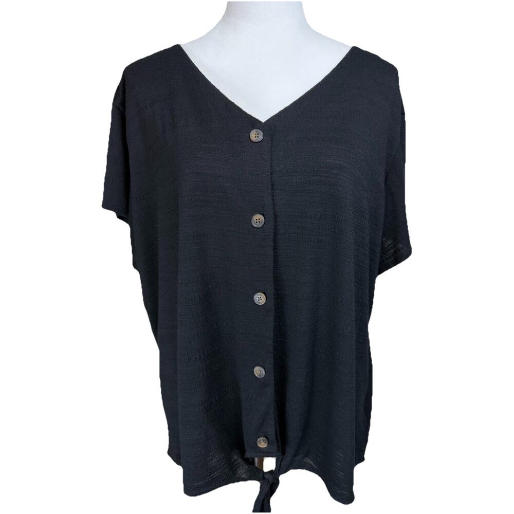 Weatherproof Vintage Blouse XXL Black Short Sleeve Tie Hem Peasant Cottagecore